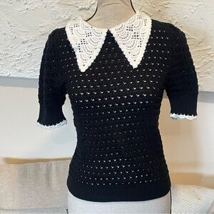 Zara Womens Peter Pan Collar Knit Crochet Blouse Black White Short Sleeve Sz S